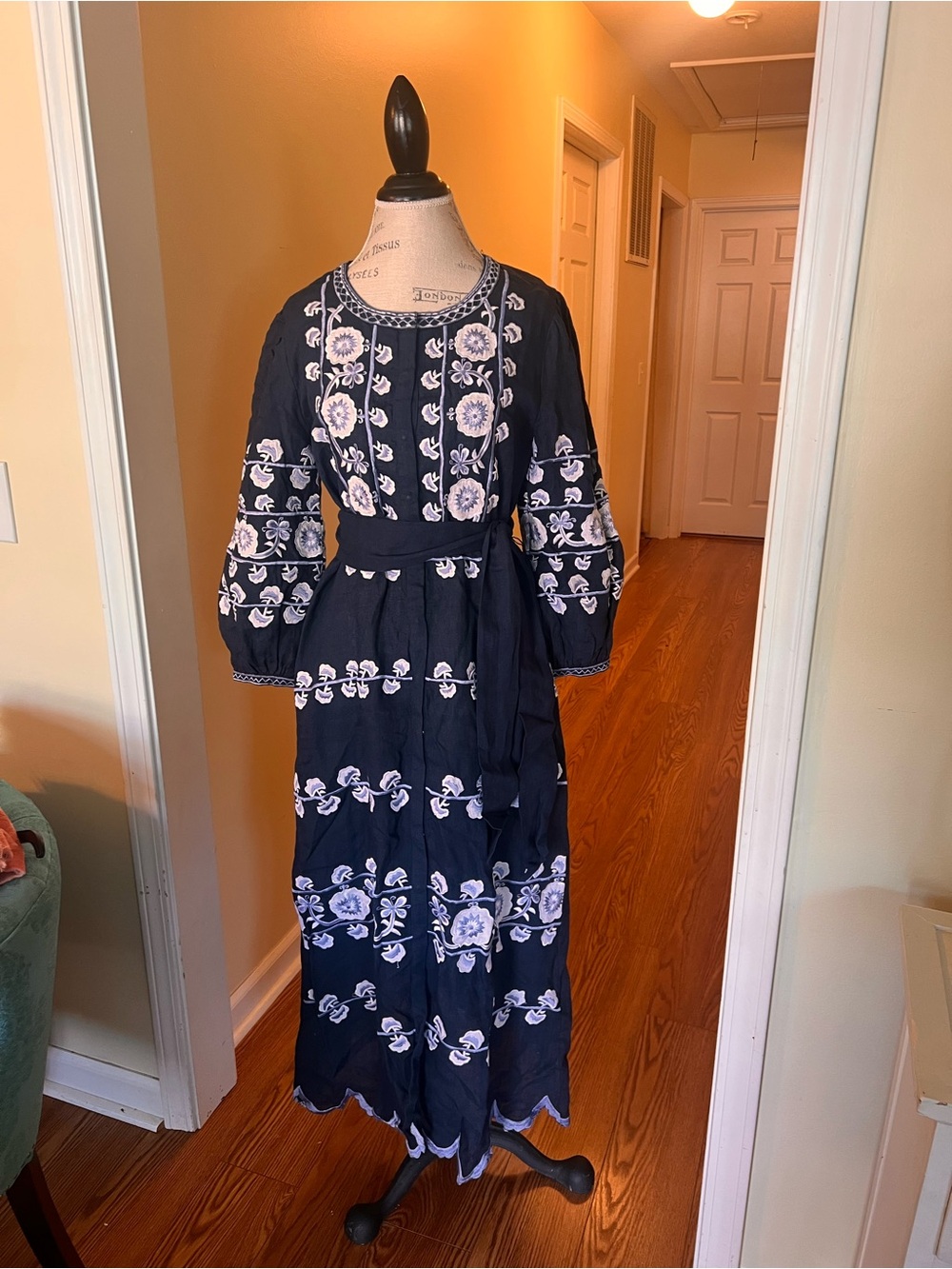 Asha brand Women's Navy Embroidered Maxi Dress with Belt
